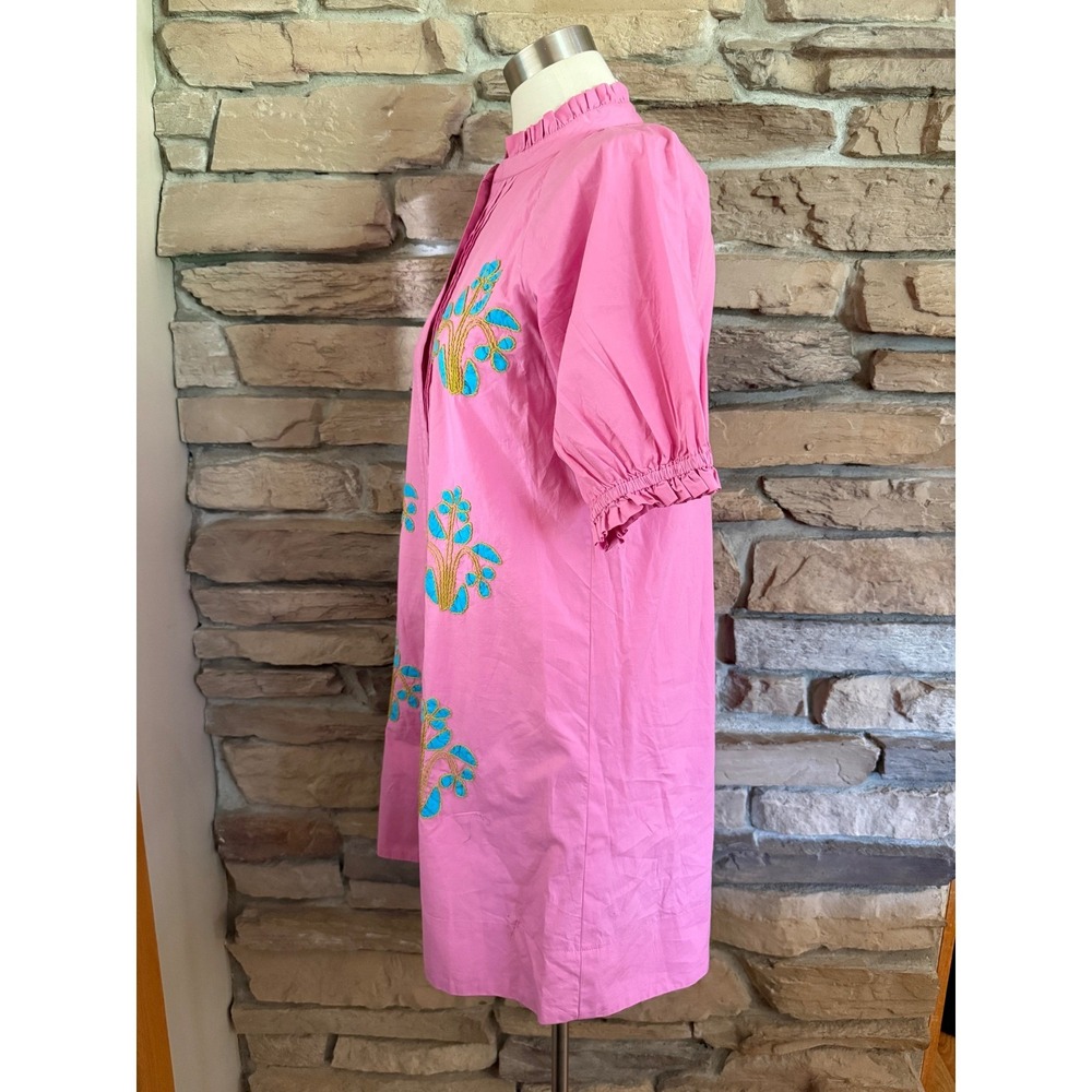 Uncle Frank Pink Embroidered Cotton Shift Dress Ruffle Neck Pintuck Small - Picture 5 of 10
